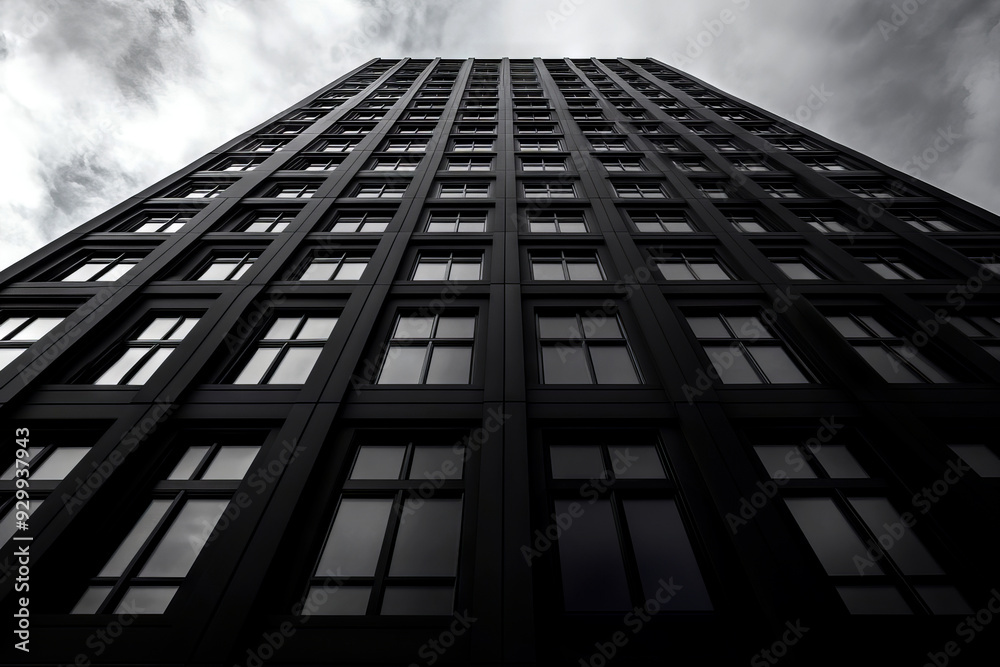 Dramatic view of a tall building with dark windows against a moody sky, showcasing a modern architectural design. Dramatic view of a tall building with dark windows against a moody sky, showcasing a modern architectural design.