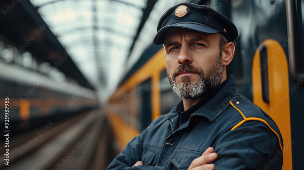 Confident Train Conductor Standing on Platform in Modern Train Station with Arms Crossed Confident Train Conductor Standing on Platform in Modern Train Station with Arms Crossed