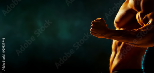 Dynamic close-up of a muscular arm showcasing strength and fitness against a dark background, perfect for promoting health and training.