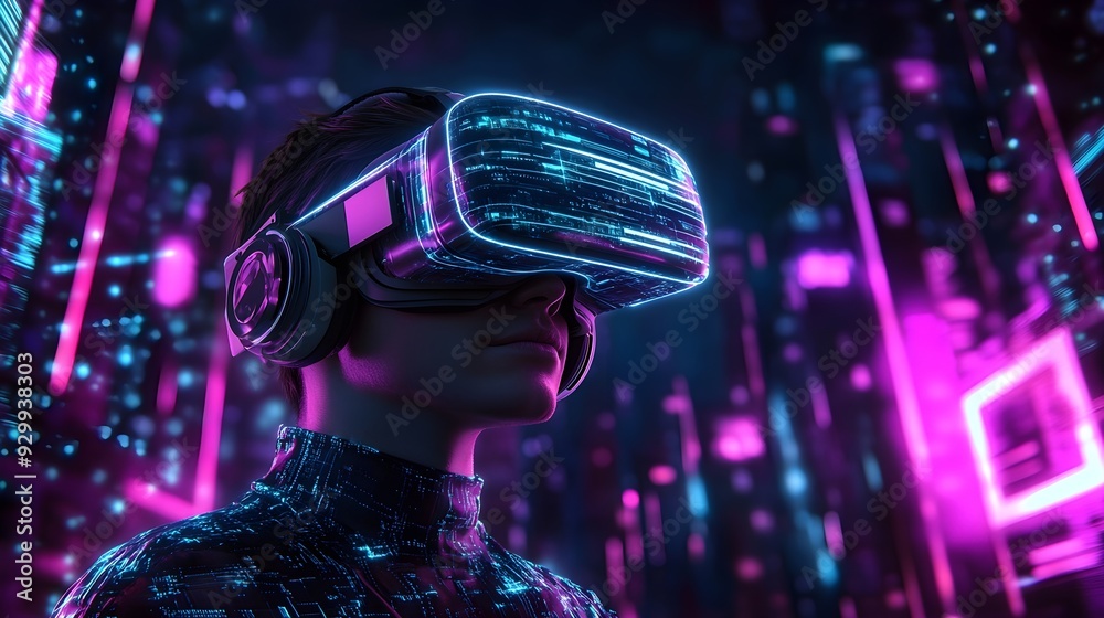 Futuristic Virtual Reality Experience in Neon Cityscape Futuristic Virtual Reality Experience in Neon Cityscape