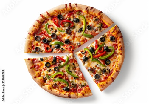 Whole pizza with one slice being cut pulled out, olives, tomato sauce base and pepperoni against a white isolated background photo