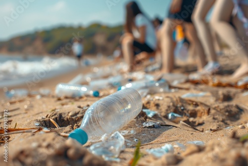 Littered with plastic, a beach sees several volunteers actively engaged in a cleanup operation under daylight, shining light on community-driven efforts for environmental sustainability. photo