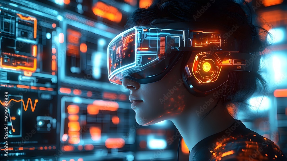 Futuristic Woman in VR Headset Immersed in Digital World Futuristic Woman in VR Headset Immersed in Digital World