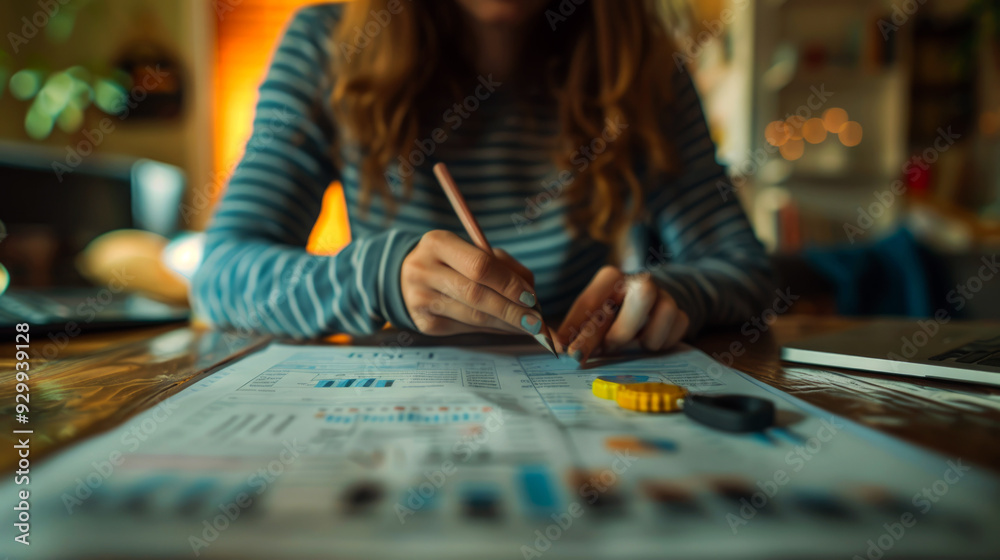 Fototapeta premium Woman's Hand Analyzing Data With a Pencil on a Spreadsheet