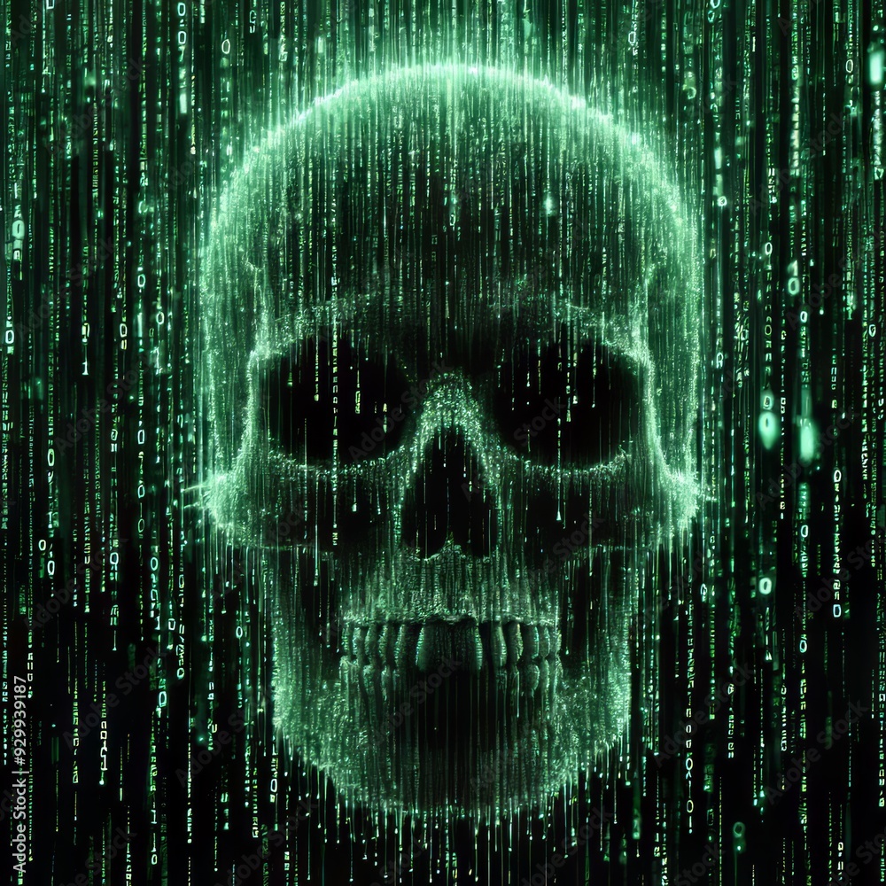 Matrix Code ASCII A skull is formed from a cascade of green matr Stock ...