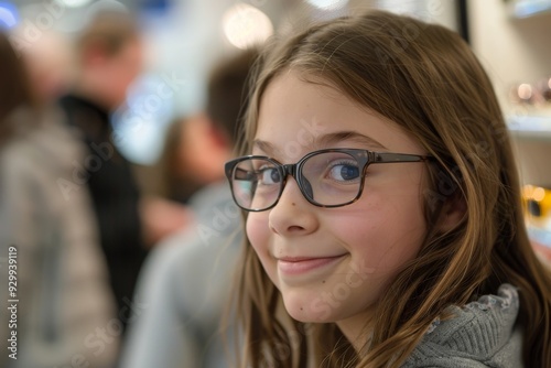 Wallpaper Mural A young girl with glasses smiling warmly, representing youthful exuberance and a bright, cheerful demeanor, amidst a casual backdrop, evoking a sense of innocence. Torontodigital.ca