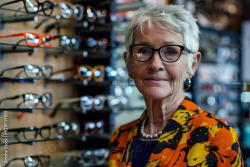 A mature woman with short grey hair stands confidently in front of an eyewear display, wearing a vibrant floral outfit and fashionable black-rimmed glasses in the store. photo