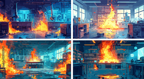 Research lab fire incident cartoon vector illustrations. Flasks tubes flame burn table countertops blaze inferno smoke embers reagents drug risk empty scorched place danger scenes
