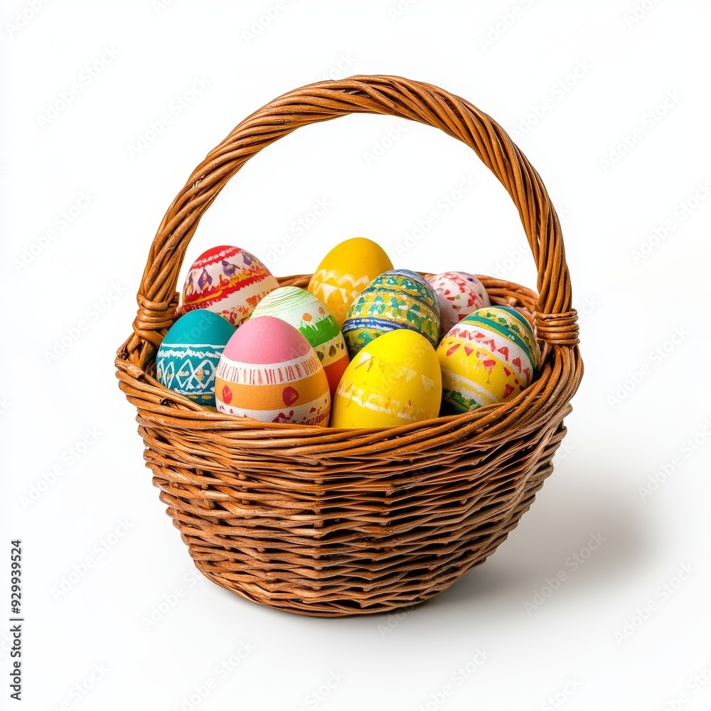 An isolated image of colorful easter eggs in a wicker basket surrounded by transparent material An isolated image of colorful easter eggs in a wicker basket surrounded by transparent material