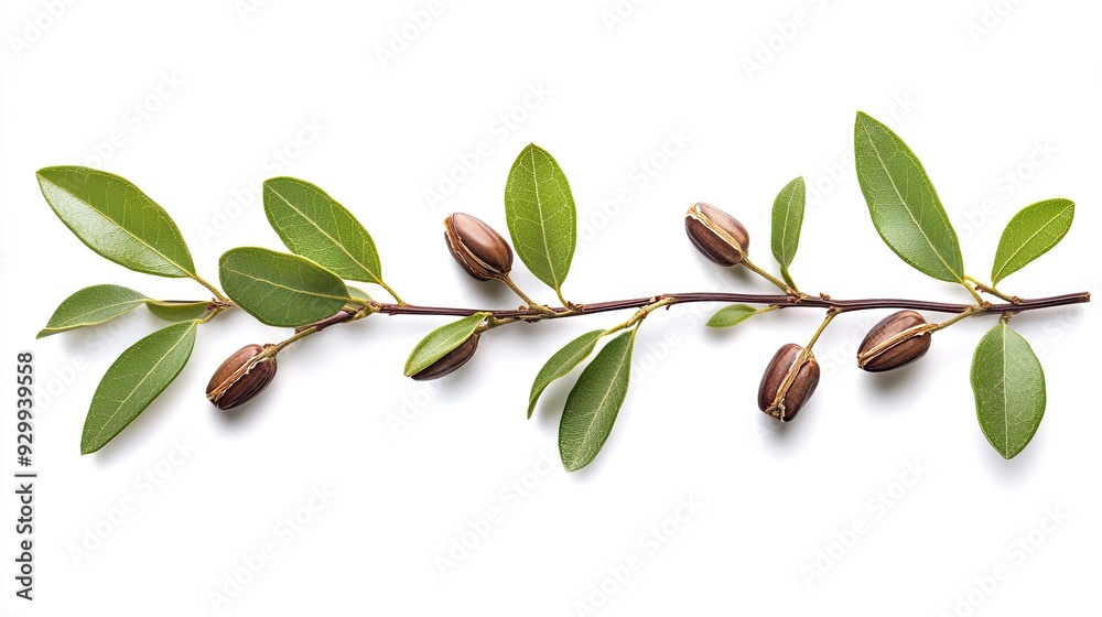 Naklejka premium Close-up of Jojoba Plant Branch with Green Leaves and Brown Seeds on White Background