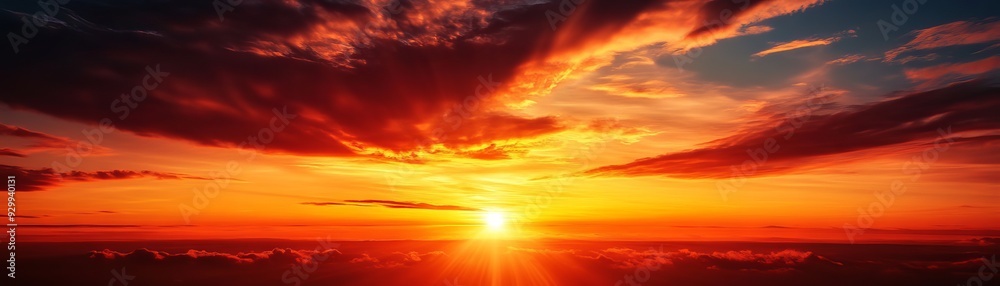 Obraz premium A stunning sunset with vibrant colors illuminating the sky, creating a tranquil and breathtaking natural scene.