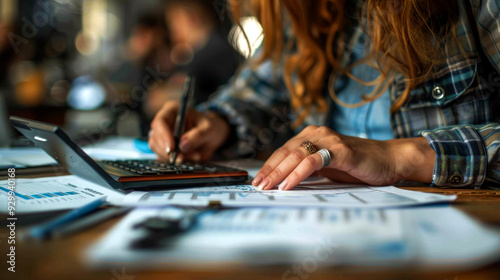 Woman Using a Calculator to Analyze Data on Paper