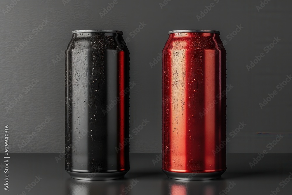 Close-up of two metallic beverage cans, black and red, standing on a dark background with condensation droplets. Close-up of two metallic beverage cans, black and red, standing on a dark background with condensation droplets.