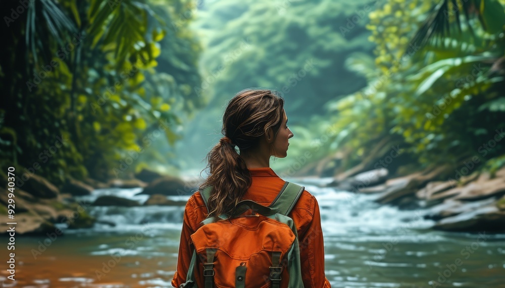 A woman overlooking a river view, with a leather bag on her back A woman overlooking a river view, with a leather bag on her back