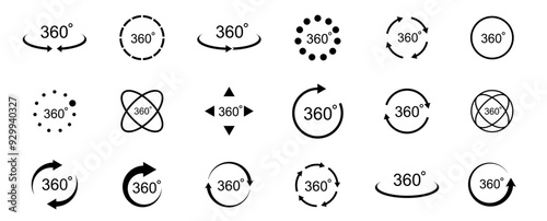 360 degree views. Circle icons set. Rotate symbol. Signs with arrows to indicate the rotation or panoramas to 360 degrees. Vector illustration.