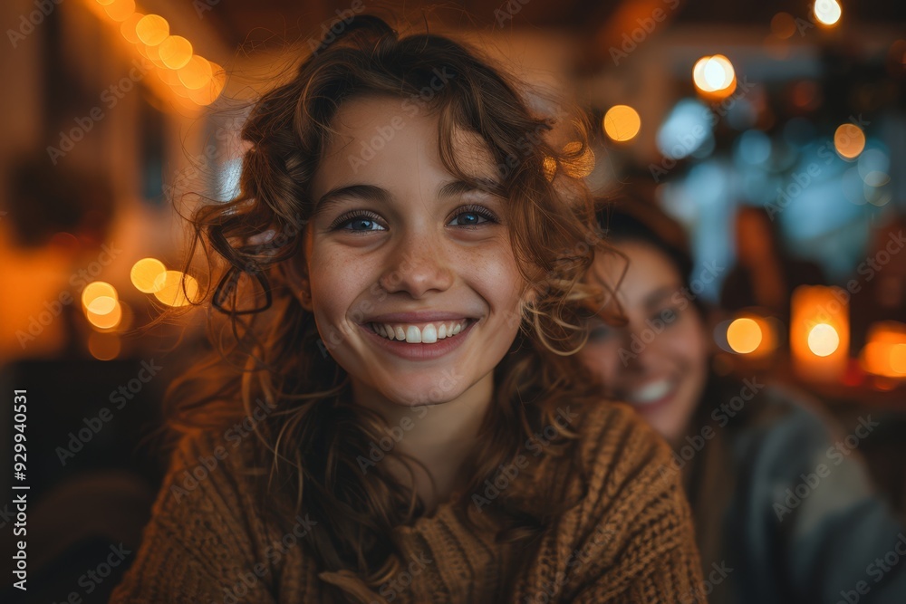 Smiling girl enjoying a cozy, warm atmosphere during a festive gathering. Smiling girl enjoying a cozy, warm atmosphere during a festive gathering.