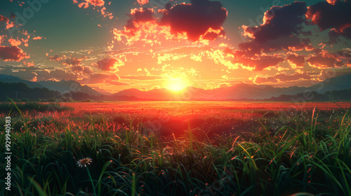 Sunset Over a Field of Grass and Flowers with Mountains in the Distance