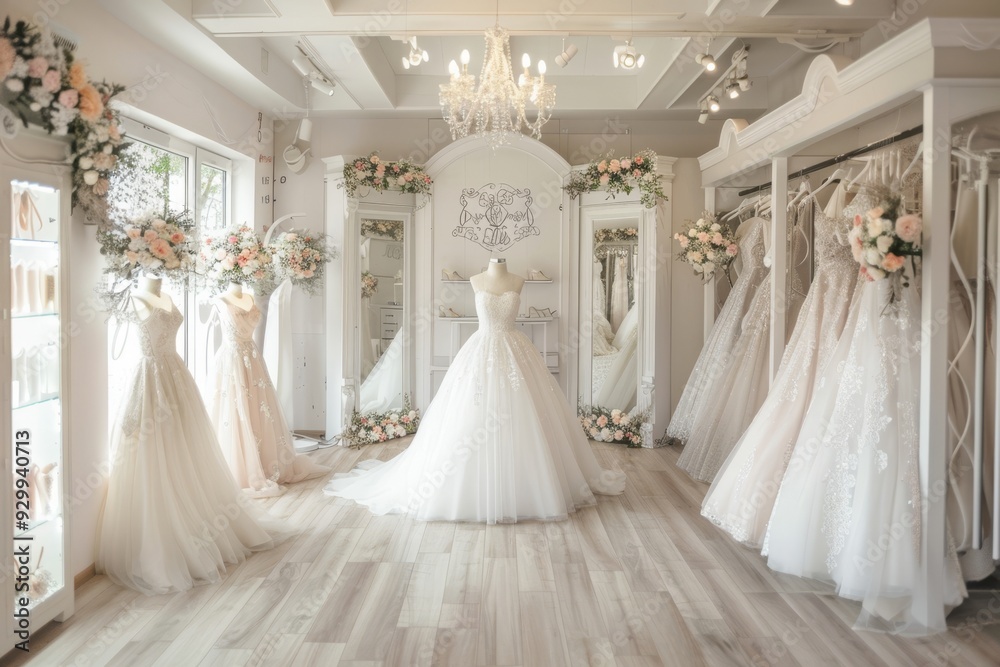 An elegant wedding dress shop with bridal gowns displayed on mannequins, floral decorations, and sophisticated dressing mirrors, showcasing the perfect setting for bridal shopping. An elegant wedding dress shop with bridal gowns displayed on mannequins, floral decorations, and sophisticated dressing mirrors, showcasing the perfect setting for bridal shopping.