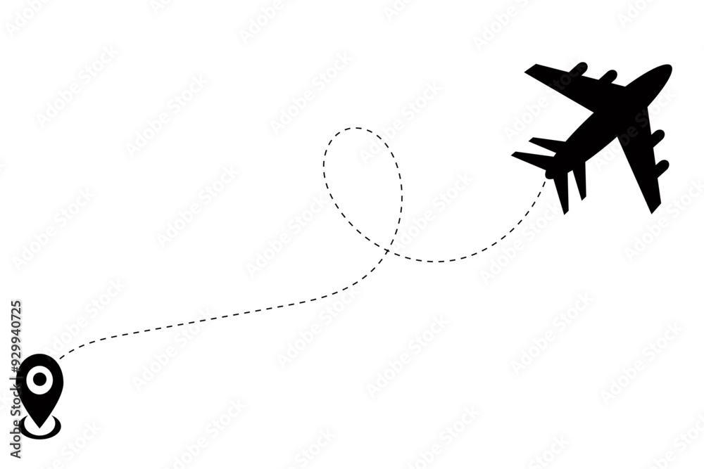 Airplane icon with flight trace and map pointer Airplane icon with flight trace and map pointer