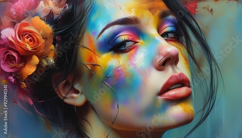 Photo illustration of a woman's face painted in colorful colors, with a serious facial pose