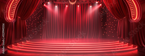 Circus stage podium, carnival red lights, red curtains background