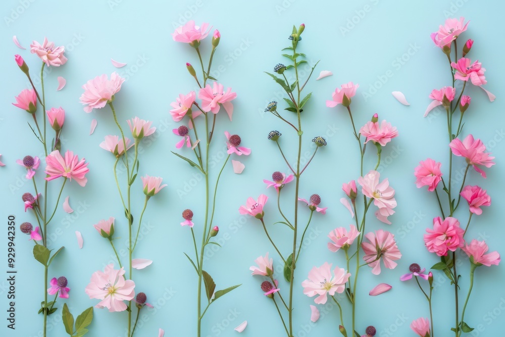 Fototapeta premium A beautiful arrangement of pink flowers, including carnations and other blooms, laid out against a soft pastel background, creating a serene and elegant floral display.
