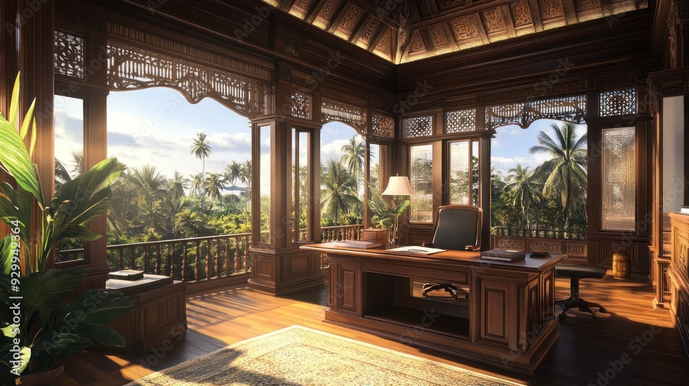 An office with an elegant wooden desk and chair overlooking a tropical jungle view through large windows. An office with an elegant wooden desk and chair overlooking a tropical jungle view through large windows.