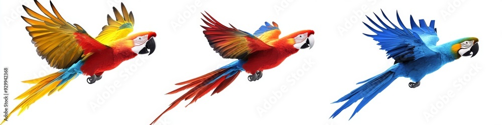 Obraz premium Vibrant Macaw Trio: Creative Abstract Design of Flying Parrots in Red, Blue, and Blue-Yellow. AI-Generated Digital Art for Marketing, Greeting Cards, and Storybook Illustrations. Perfect for UI Decora