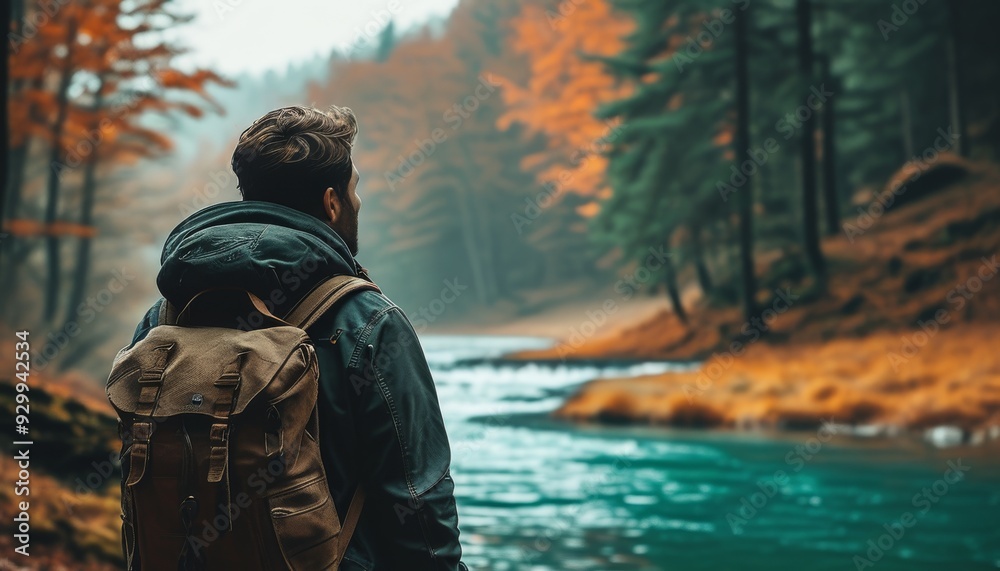 Photo of a man facing the river with a bag behind him Photo of a man facing the river with a bag behind him