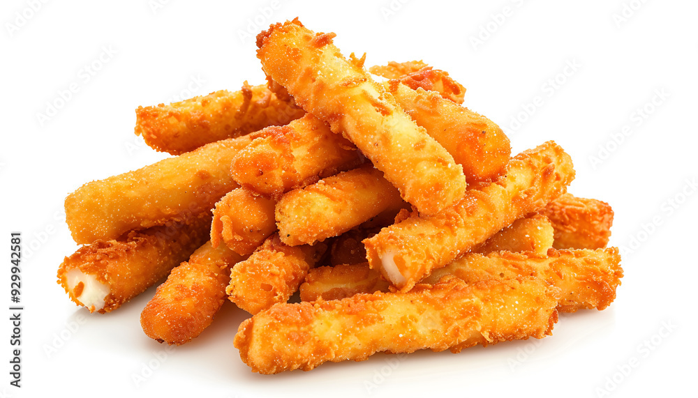 Pile of tasty fried mozzarella sticks isolated on white, top view Pile of tasty fried mozzarella sticks isolated on white, top view