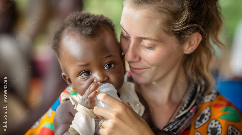 Woman feeding little black African baby milk bottle Poor rural village(02)