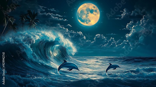Two dolphins leap from the ocean waves at night under the full moon.