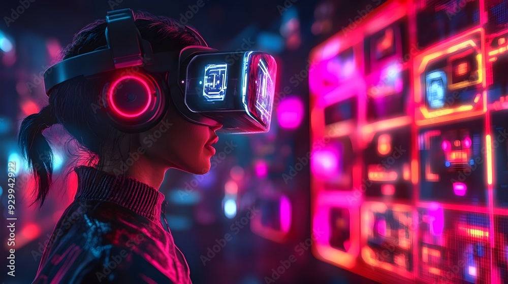 Woman Exploring Virtual Reality with Neon Lights Woman Exploring Virtual Reality with Neon Lights