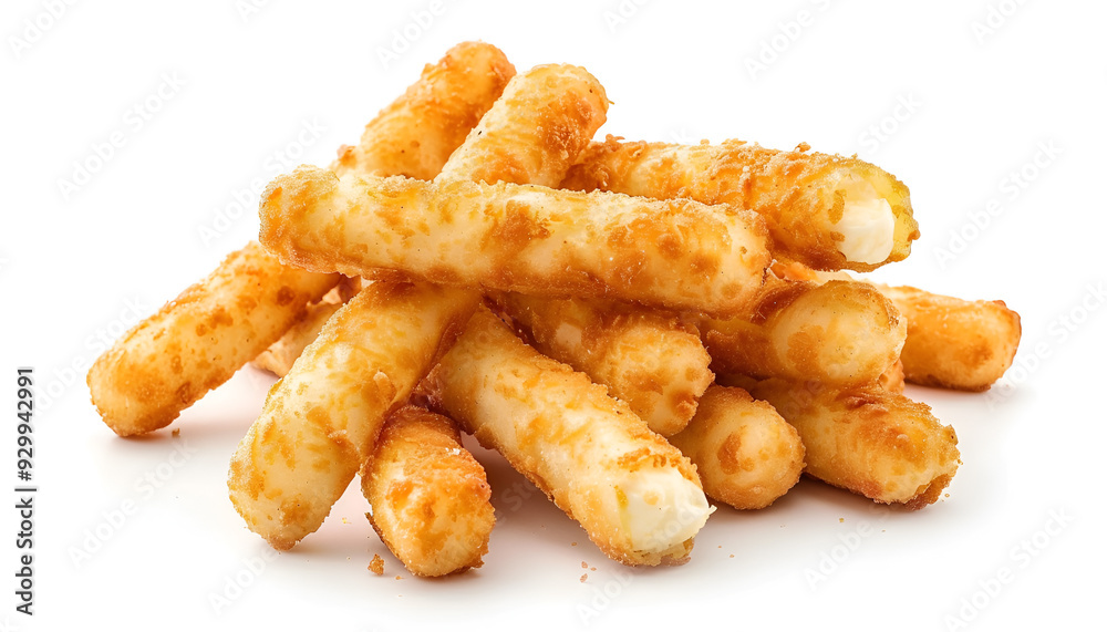 Pile of tasty fried mozzarella sticks isolated on white, top view Pile of tasty fried mozzarella sticks isolated on white, top view