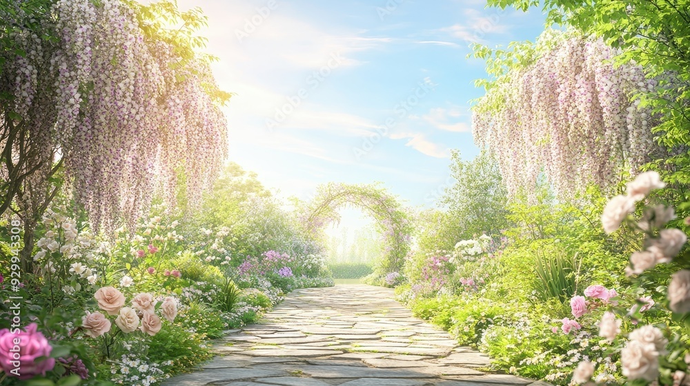 Fototapeta premium A serene garden pathway adorned with blooming flowers and lush greenery under a bright sky.