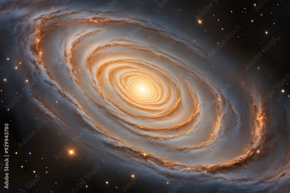 A cosmic scene with a spiral galaxy glowing in shades of gold and orange surrounded by stars, Ai Generated A cosmic scene with a spiral galaxy glowing in shades of gold and orange surrounded by stars, Ai Generated