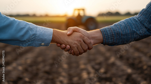A close-up of two people shaking hands in what looks like a rice field, with a tractor blurred in the background. This image suggests a business deal or partnership in the agricultural sector.
