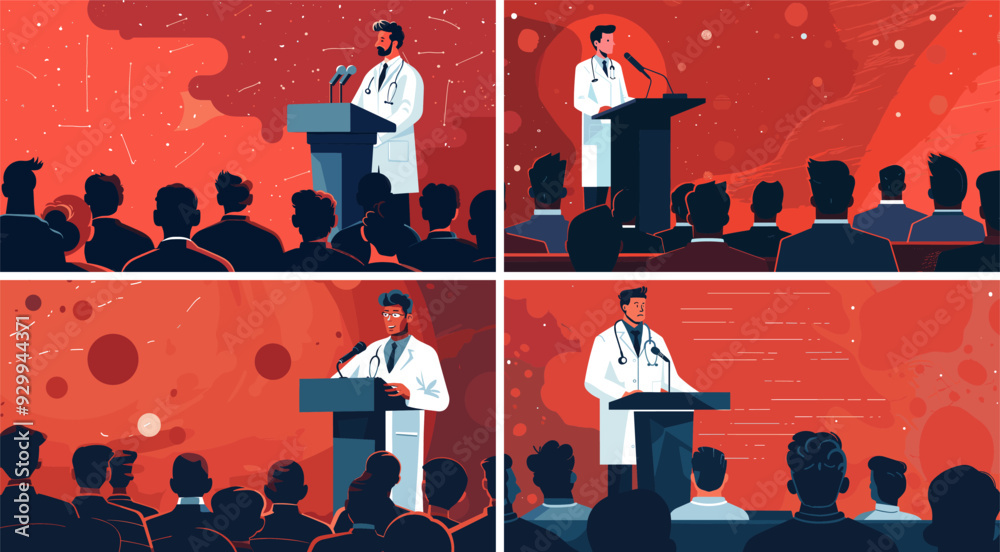 Vetor de Scientist speaker podium cartoon vector scenes. White lab coat
