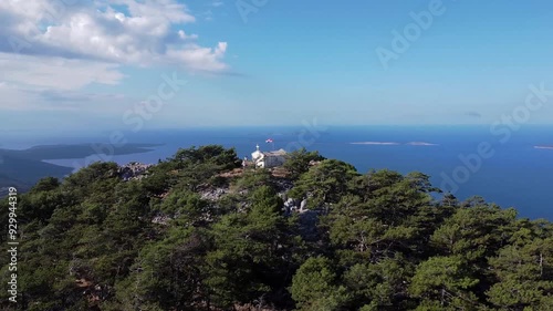 Drone perspective of chapel of St. Mikul, situated in Osoršćica mountains on Losinj Island photo