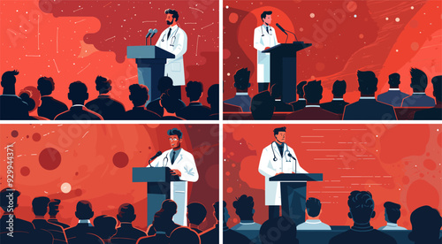 Scientist speaker podium cartoon vector scenes. White lab coat man microfones platform audience rear view heads attendees forum seminar healthcare conference experts illustrations