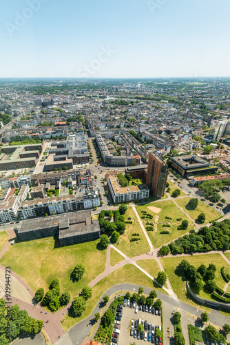 High top wide angle view of city buildings from Dusseldorf Rhine Tower in North Rhine-Westphalia, Germany