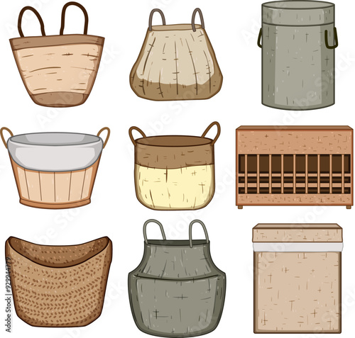 wicker laundry basket set cartoon. hamper woven, natural rattan, stylish ecofriendly wicker laundry basket sign. isolated symbol vector illustration