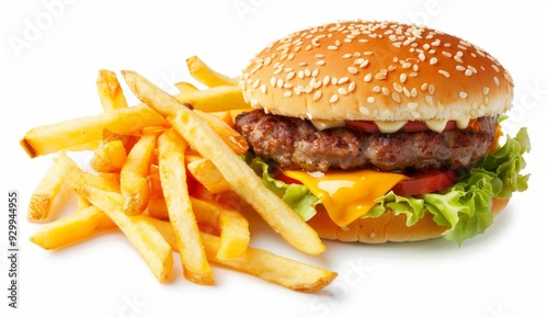 Cheeseburger with fries isolated on white background, png. Side of french fries isolated on white. Perfect for fast food and minimalist food photography.