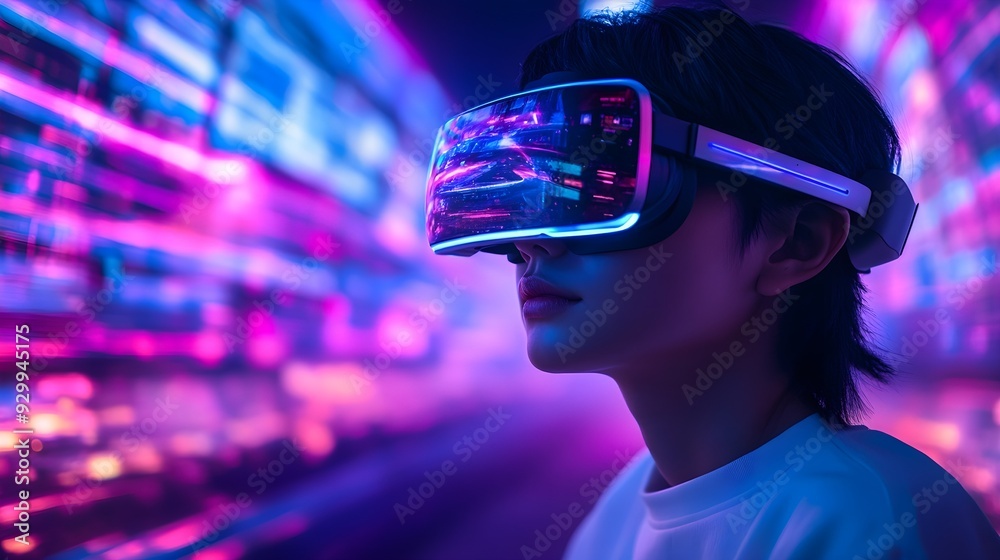 Woman Wearing VR Headset in Neon City Lights Woman Wearing VR Headset in Neon City Lights