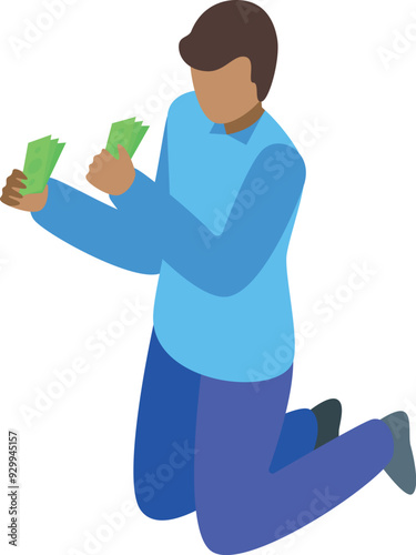 Young man is kneeling and holding money, he seems to be very happy about it