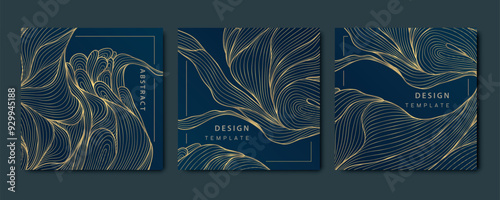 Vector set of floral gold patterns, luxury leaf, flower cards, square line plant vintage ornament. 