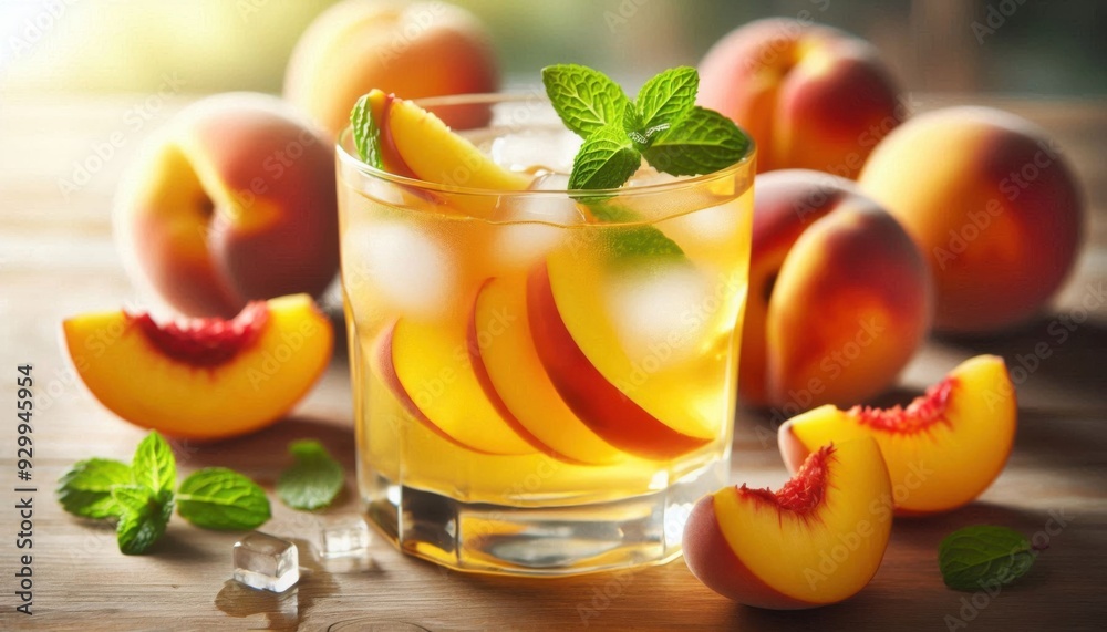 An inviting glass of peach lemonade with slices of fresh peach and mint leaves, sitting on a wooden table. An inviting glass of peach lemonade with slices of fresh peach and mint leaves, sitting on a wooden table.