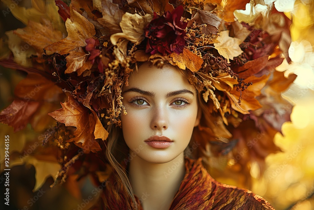 A woman wearing a leafy headdress with a yellow scarf A woman wearing a leafy headdress with a yellow scarf