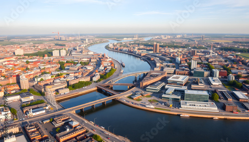 Antwerp, Belgium. Panorama of the city. River Scheldt (Escout). Summer morning. Industrial area. Aerial view isolated with white highlights, png photo