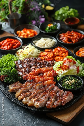 Delicious Korean BBQ Feast with Grilled Meat, Vegetables, and Traditional Side Dishes